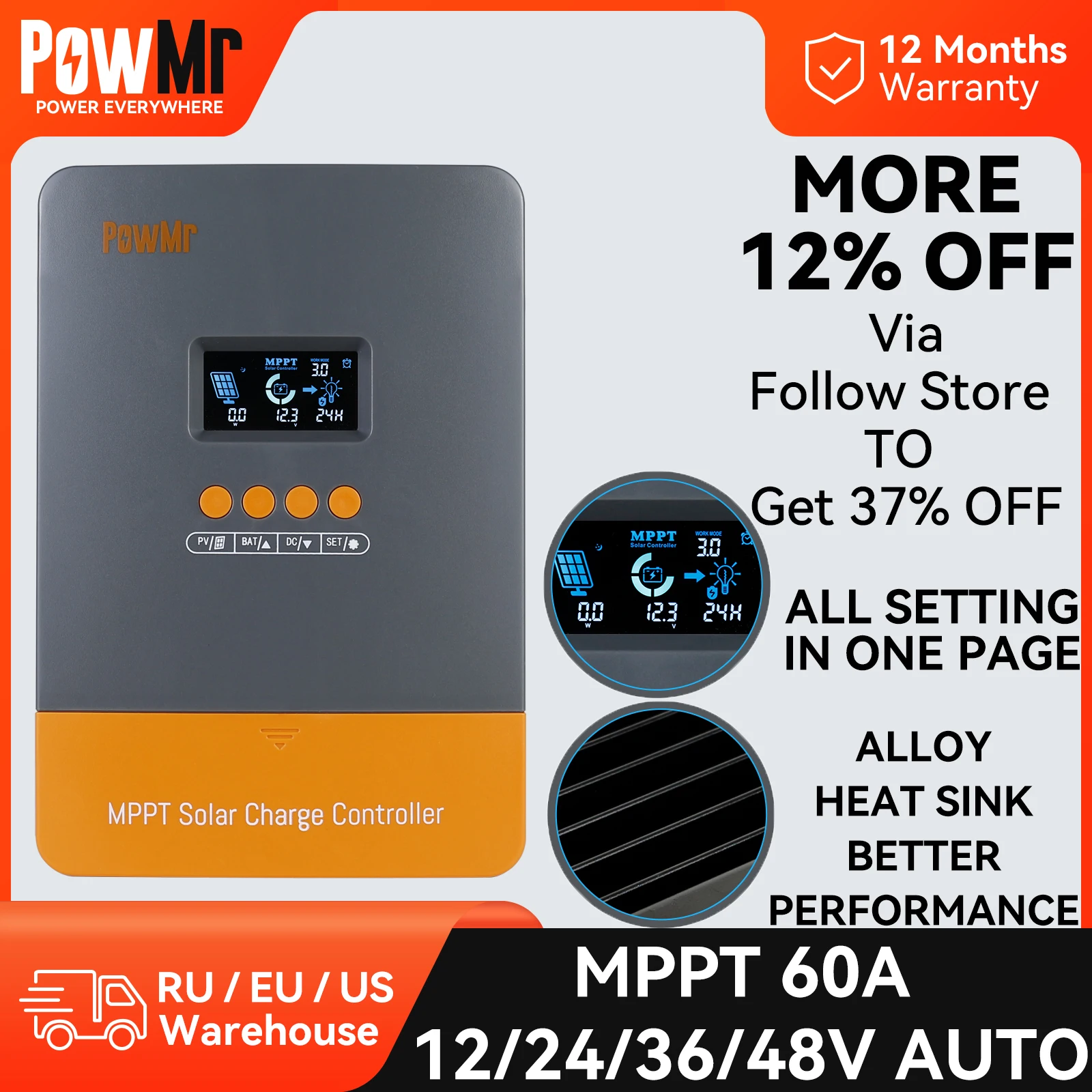 Контроллер заряда солнечной батареи PowMr, 60 А, 12 В, 24 В, 36 В, 48 В, поддерживает литиево-свинцово-кислотные гелевые батареи, максимальный PV-регулятор мощности 200 Вт-2800 Вт