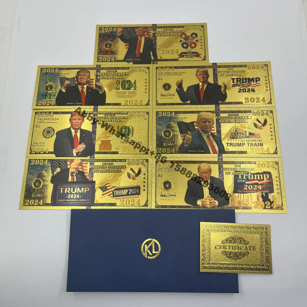 

7 types Trump 2024 greeting cards In God we trust Gold foil plastic banknotes US dollars golden trb membership president cards
