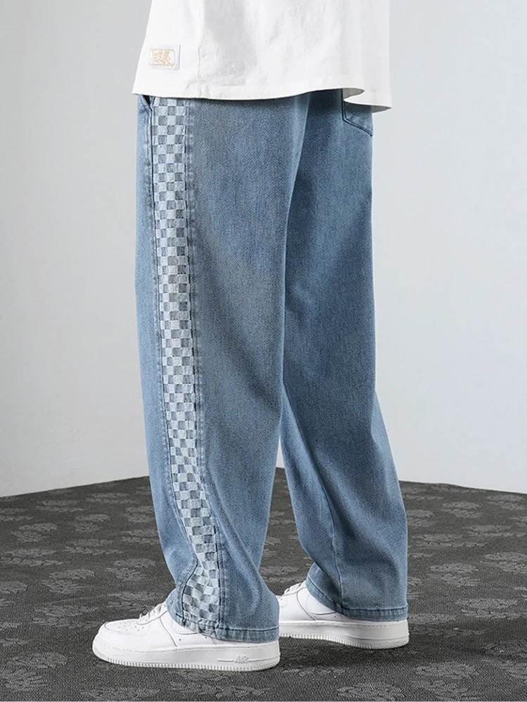 2023 New Men's Casual Jeans Spring Fashion Casual Cotton Denim Slim Fit Pants Male Checkered Patchwork Stretch Skinny Trousers