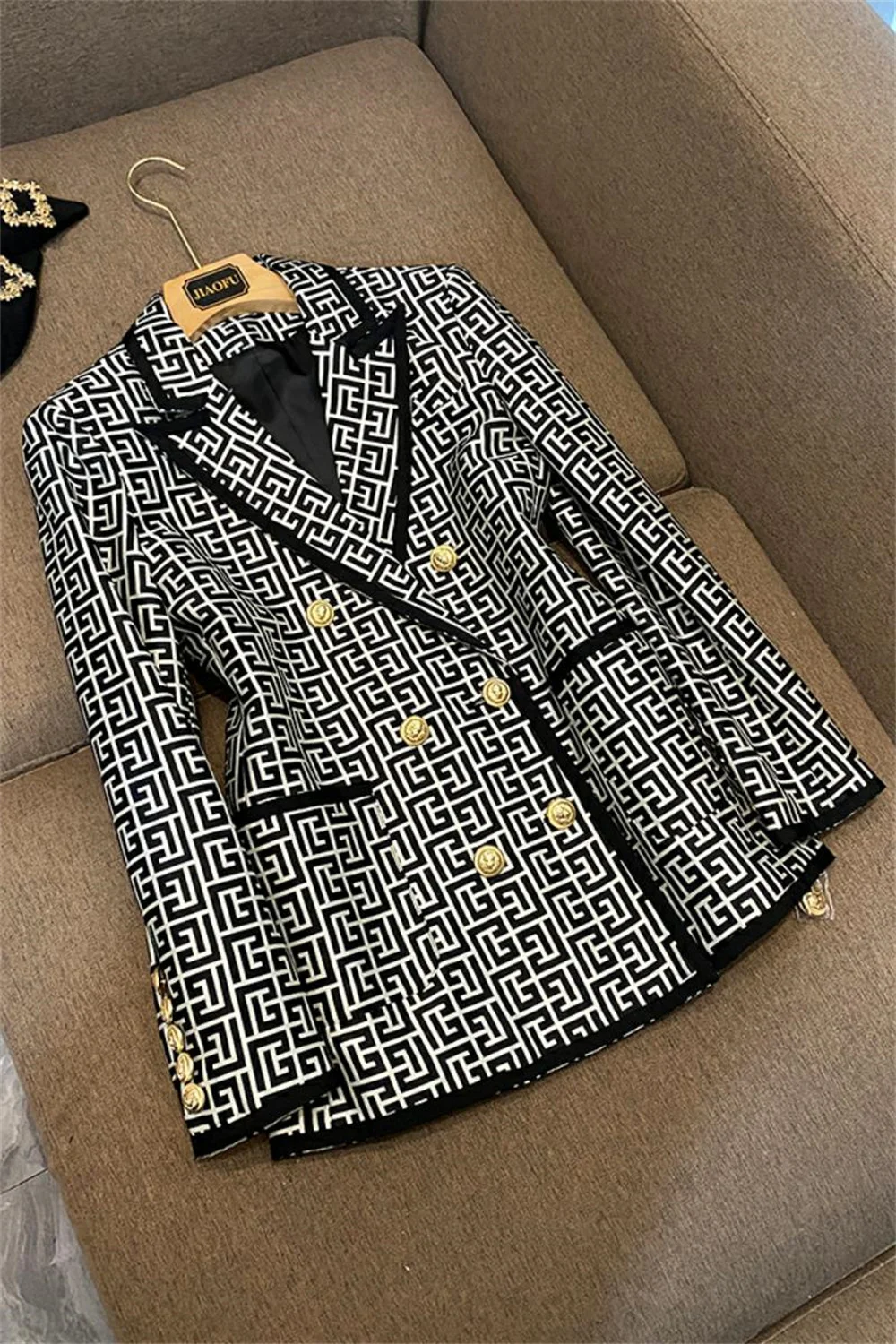 Vintage Jacket for Women Newest 2023 Trimmed Double Breasted Geometric Jacquard Coat Office Ladies Business Formal Blazers