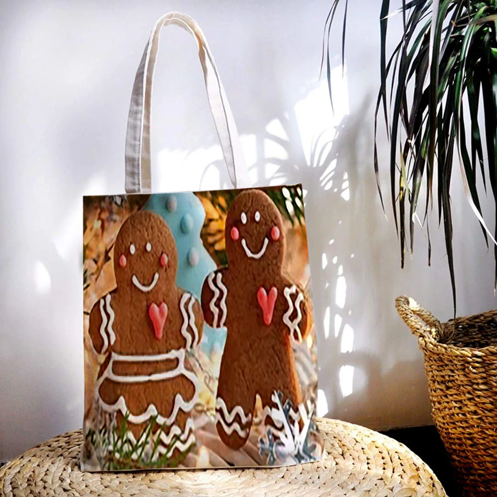 

Gingerbread Man Printed Women's Canvas Shoulder Bag Casual Shoppers Reusable Christmas Gift Large Capacity Handbag Canvas Bag