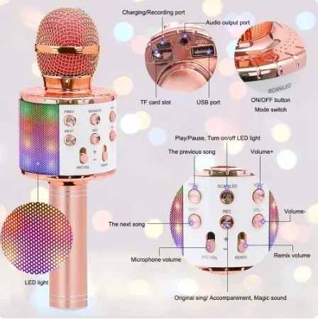 

new Wireless Karaoke Microphone Bluetooth Handheld Portable Speaker Home KTV Player with Dancing Lights Record Function for Kids