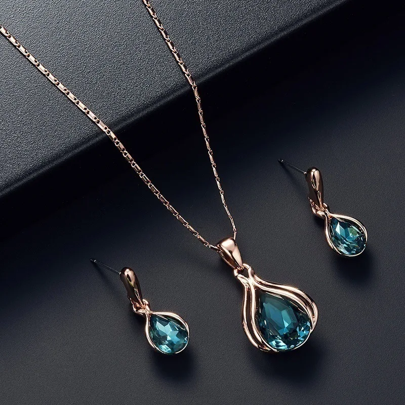 Fashion women's Blue-Green Water Drop-Type Personality Aesthetic Trend Necklace Earring Set Jewelry Wholesale Ornaments