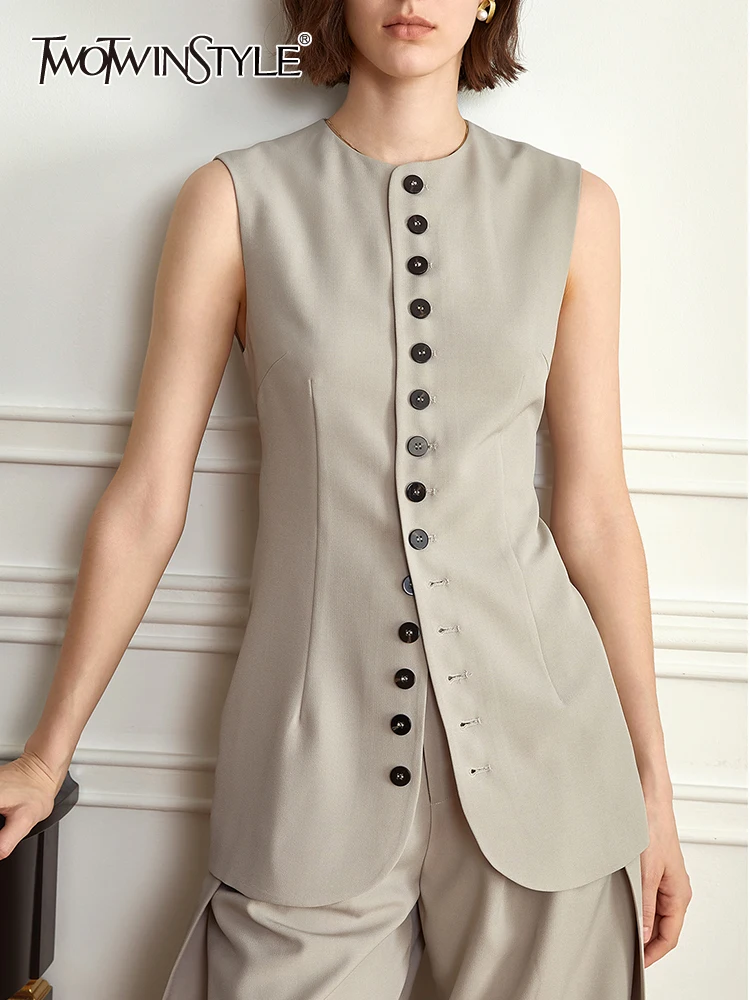 

Женский однобортный жилет TWOTWINSTYLE, однотонный жилет для похудения с круглым вырезом, без рукавов, в стиле пэчворк