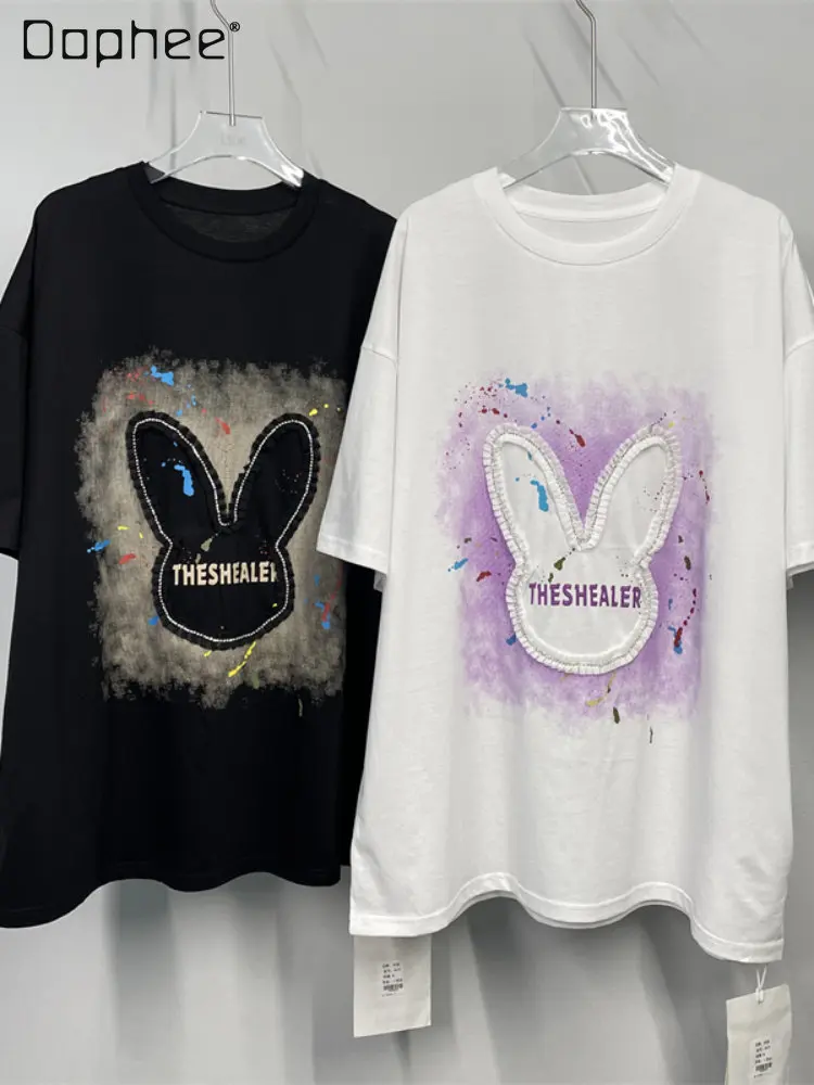 

Exquisite Rhinestone Cartoon Rabbit Cotton Short Sleeve T-shirt Female 2023 Summer New Korean Style Loose Crew Neck Top Women