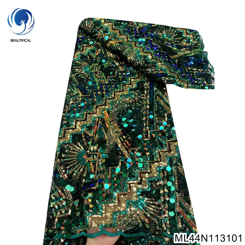 

. Великолепное высококачественное темно-зеленое французское Тюлевое изысканное кружево из высококачественной Африканской ткани с блестками для вечернего платья ML44N1131