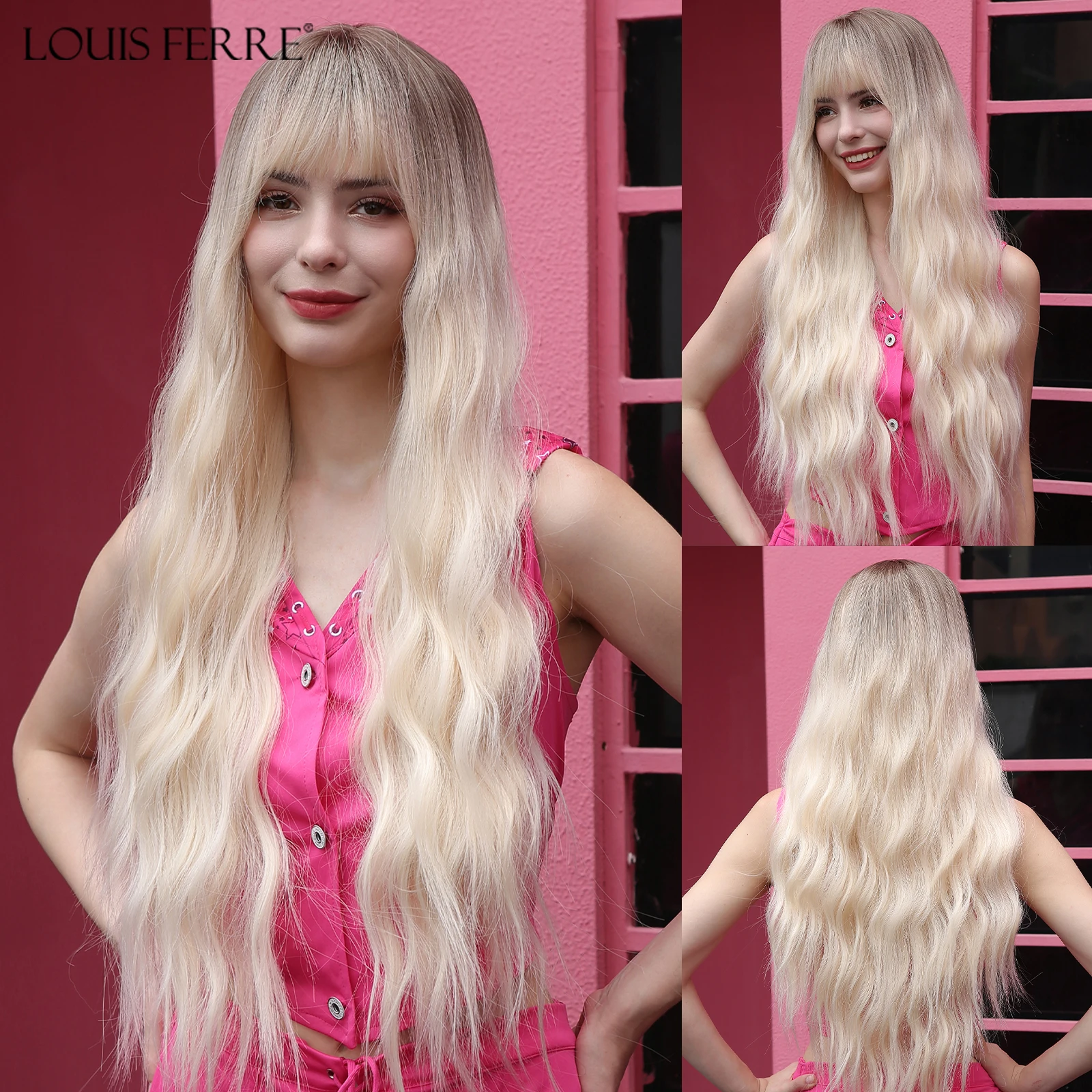 

LOUIS FERRE Light Blonde Ombre Synthetic Wigs With Bangs Long Wavy Natural Hair Wig for Women Daily Cosplay Heat Resistant Hair