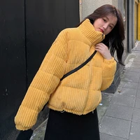 women 2021 korean style solid corduroy jacket stand collar black white winter parkas female warm cotton padded short coats woman