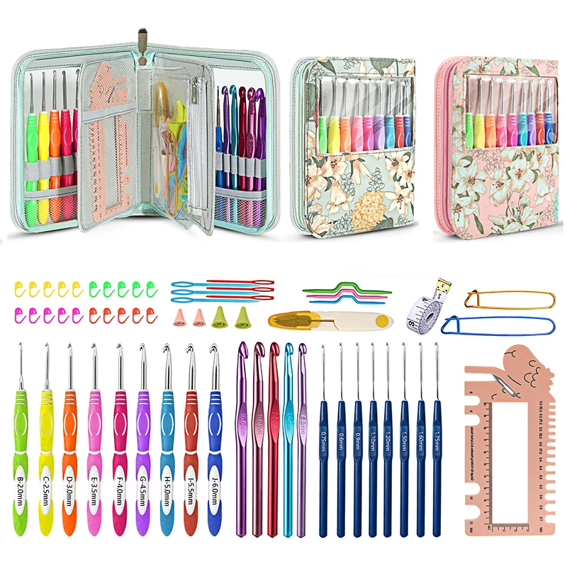 

22pcs 0.6-10.0mm Crochet Hooks Set Ergonomic Knitting Crochet Needles Sewing Tools Accessories Waterproof Flower Storage Bag
