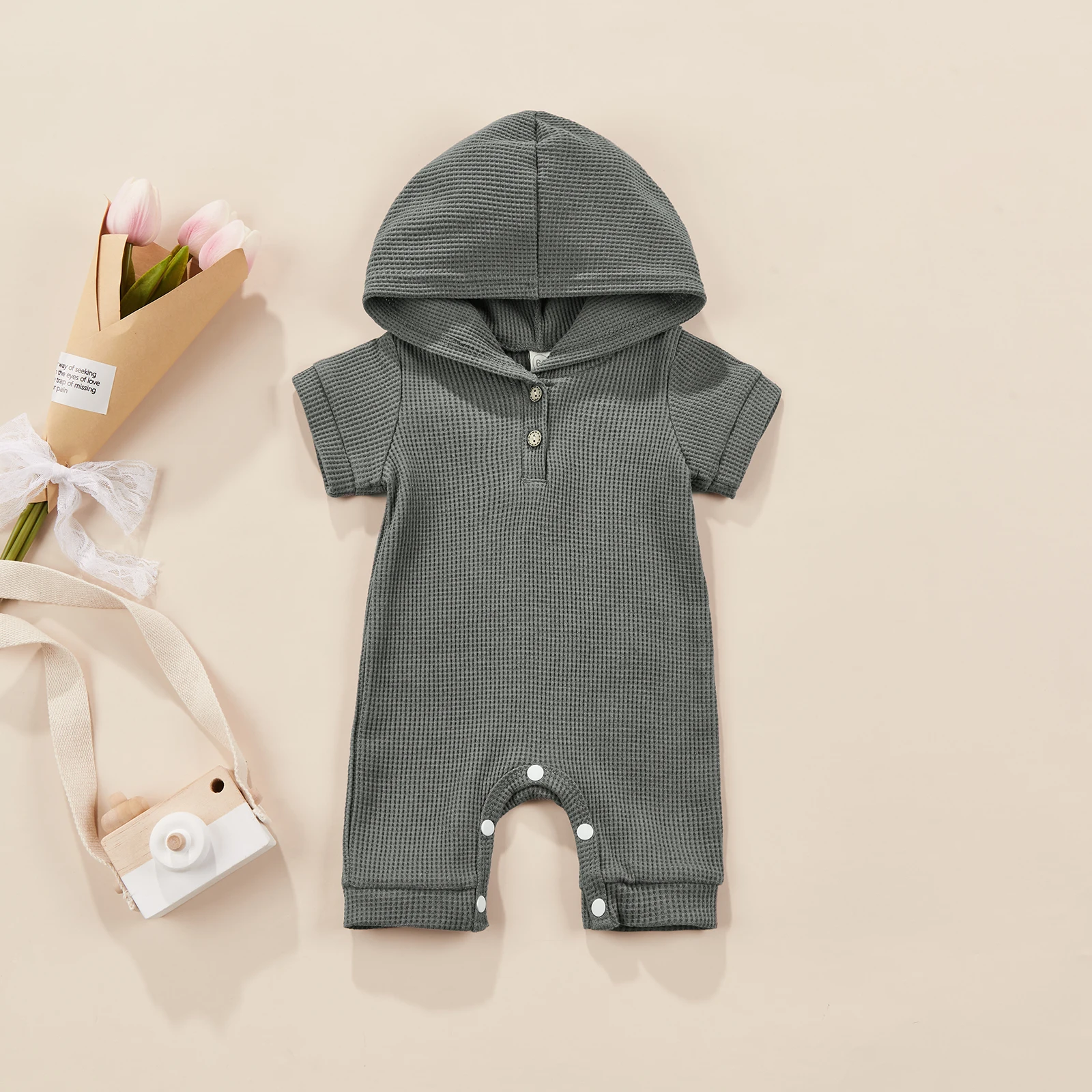 

0-24M Newborn Infant Baby Girl Boys Romper Short Sleeve Hooded Button Closure Summer Short Jumpsuit