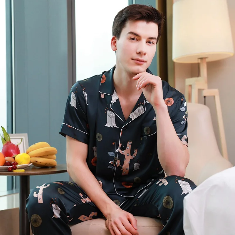 Flame Of Dream Pajamas Men's Ice Silk Simulation Silk Spring And Summer Thin Large Youth  Leisure Suit Home Clothes 22711