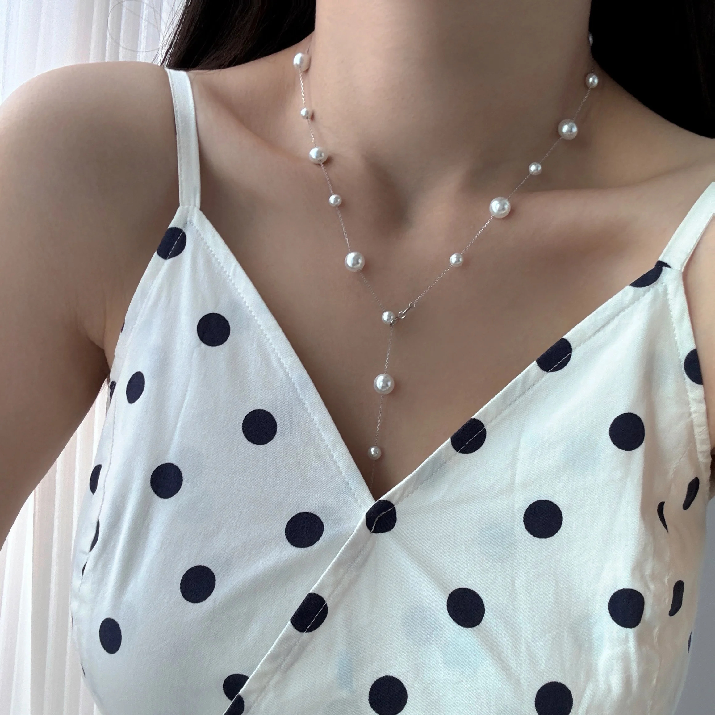 S925 Sterling Silver White Pearl Starry Necklace Women's Exquisite Shiny Long Fringe Clavicle Chain Multiple Sweater |