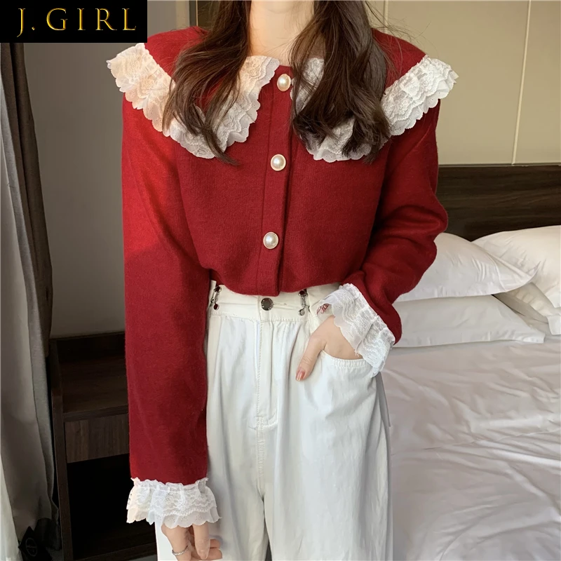 

J GIRLS Shirt and Blouse Korean Fashion Button Peter Pan Collar Long Sleeve Lace Patchwork Shirts Sweet Loose Women Tops Casual