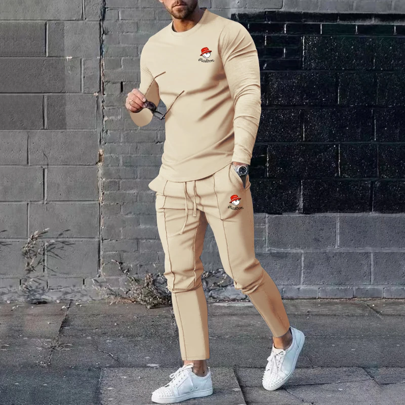 Men's 2023 Spring and Autumn Two Piece Round Neck Long Sleeve T-shirt Pants Multi color Casual Fashion Comfortable Men's Set