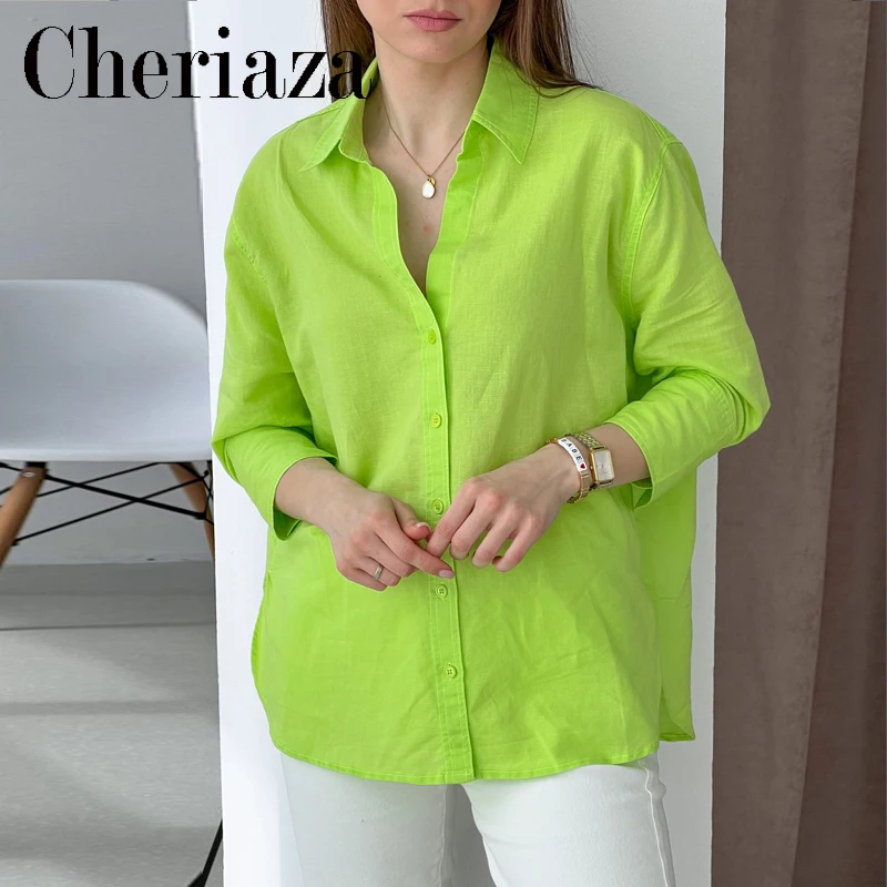 Fashion 2022Spring Summer Women Linen Shirt Solid Color Seven Points Sleeve Green Blouse Asymmetric Hem Blusas Female Tops