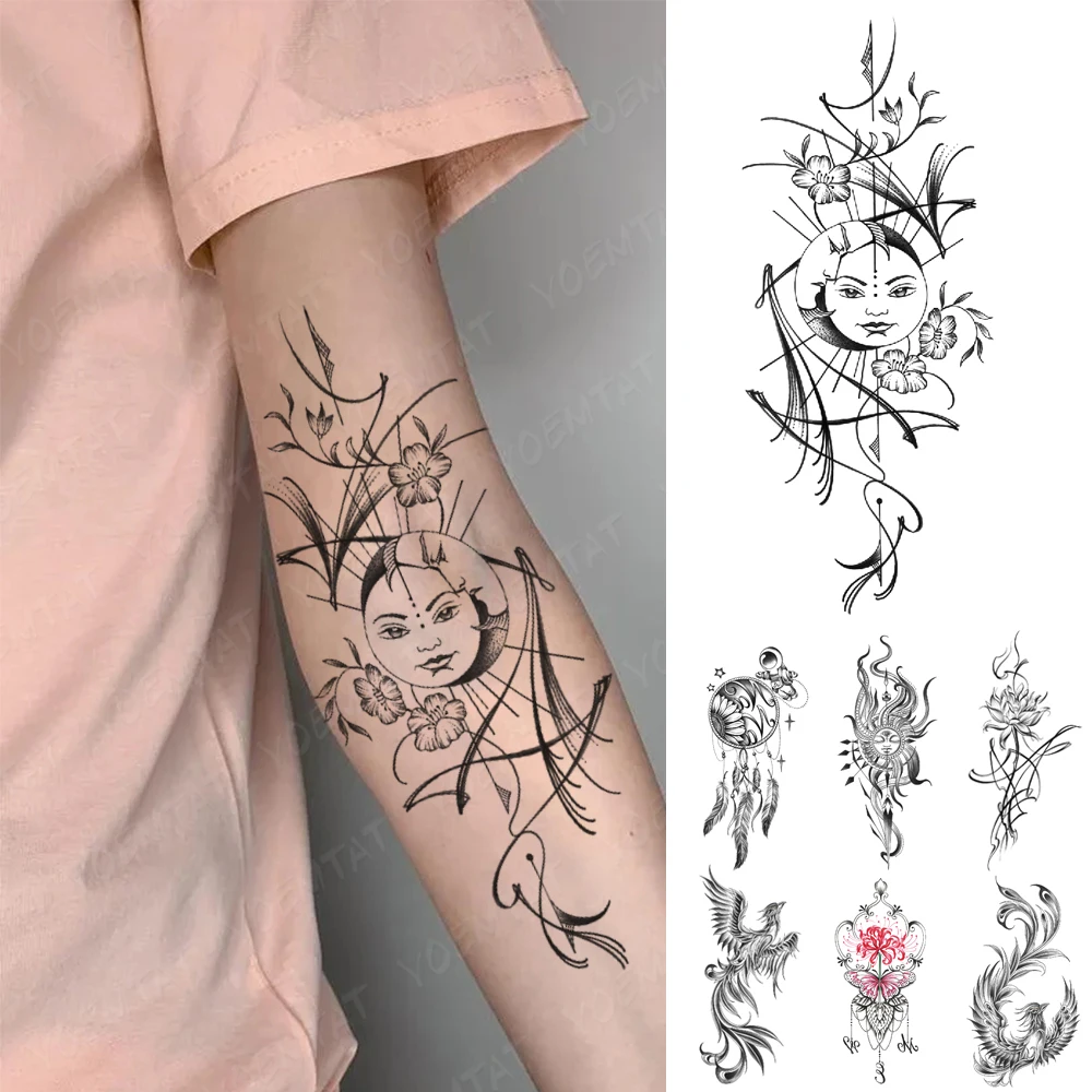 

Waterproof Temporary Tattoo Sticker Ins Sun Moon Face Rose Flower Branch Harajuku Style Tato Body Art Arm Fake Tattoos Men Women