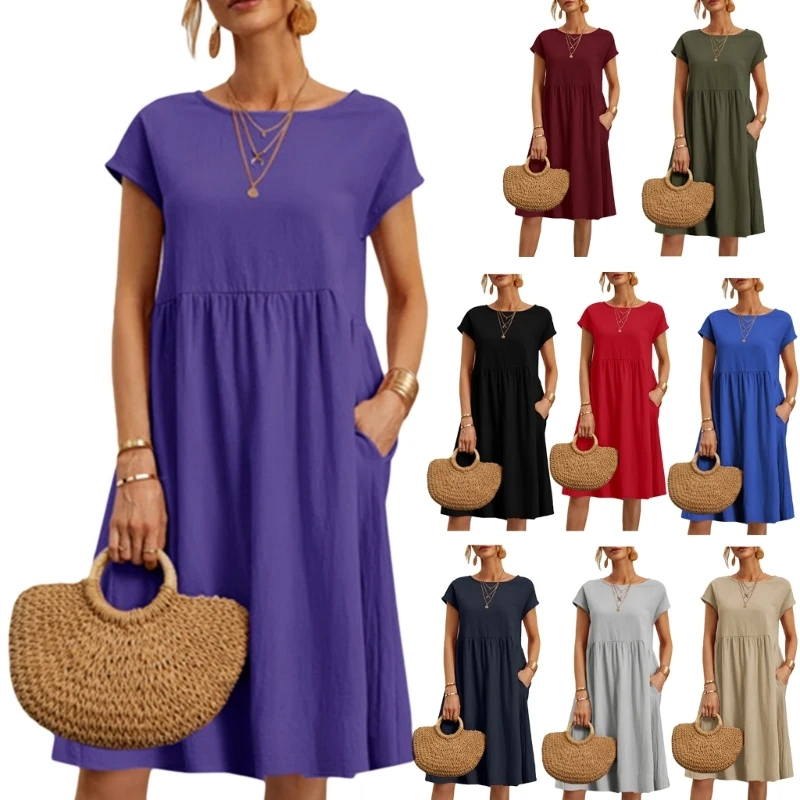 

Летние повседневные женские платья, Пляжное платье с коротким рукавом и круглым вырезом, свободное платье