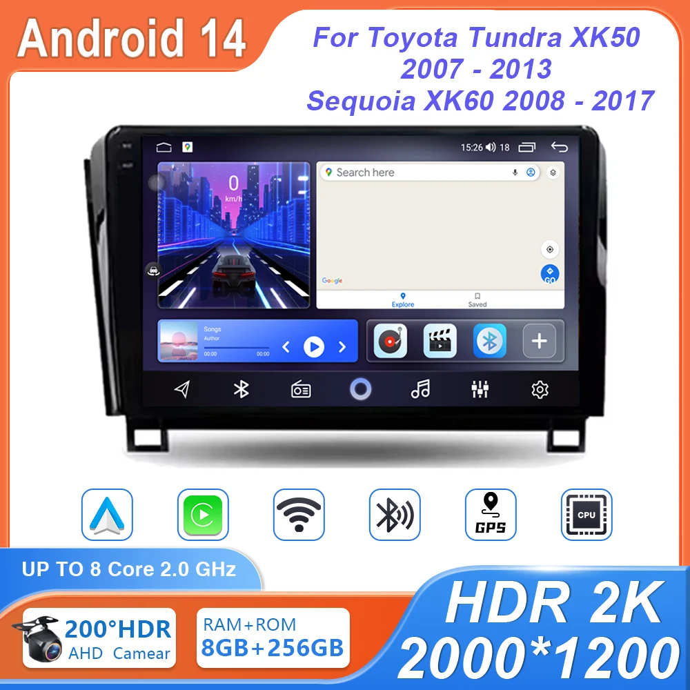 Android 14 Carplay Auto для Toyota Tundra XK50 2007-2013 Sequoia XK60 2008-2017 Мультимедийный GPS-видеоплеер Стерео