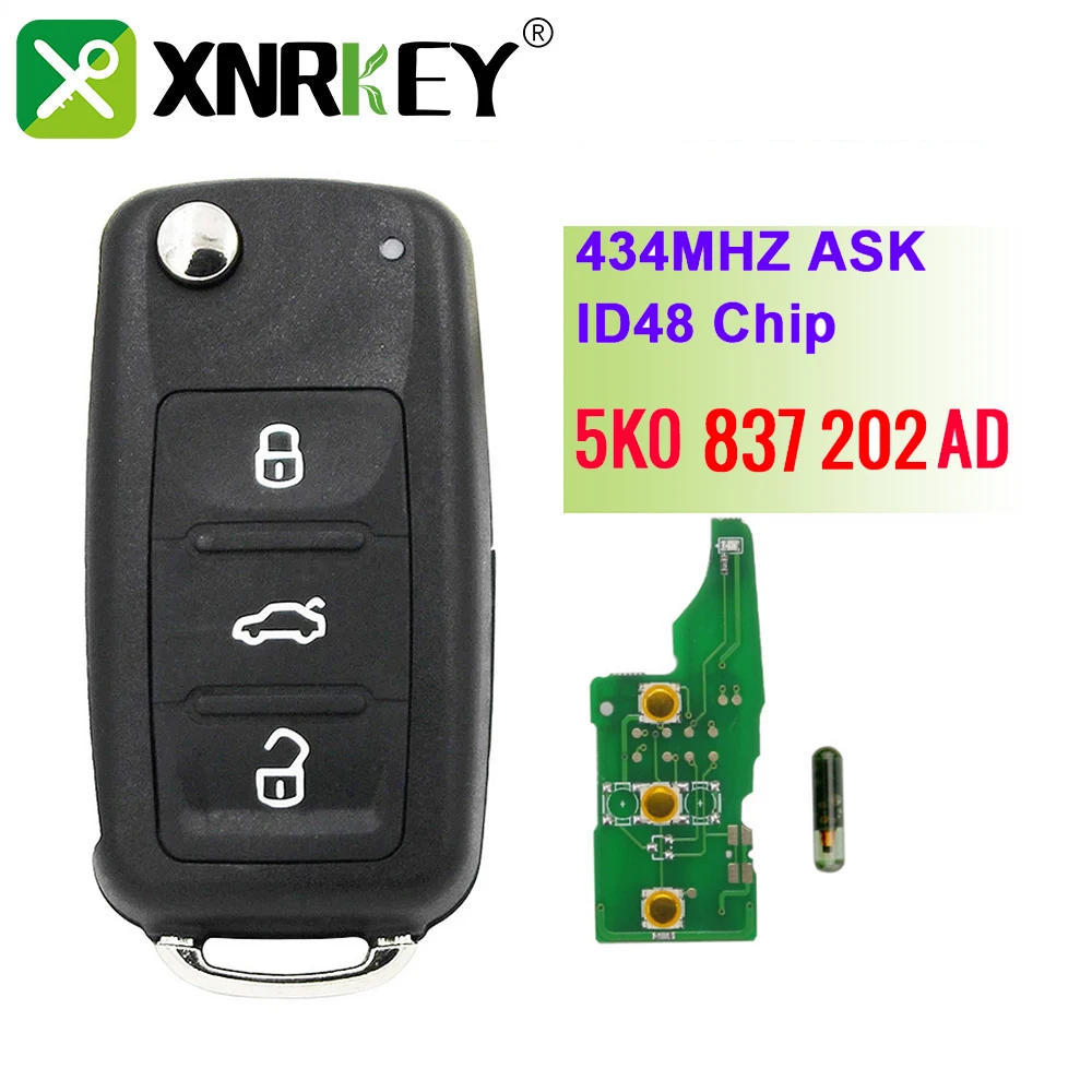 

Пульт дистанционного управления XNRKEY 5K0837202AD, 3 кнопки, чип ID48, 433 МГц, для VW Volkswagen Golf, Passat, Tiguan, Polo, Jetta, Beetle, Бесключевой