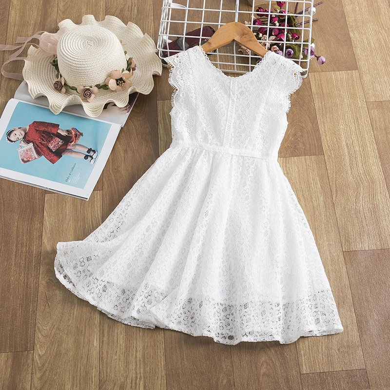 

White Lace Dresses For Kids Girls Summer Sleeveless Wedding Birthday Party Princess Costume Children Bridesmaid Fairy Clothes