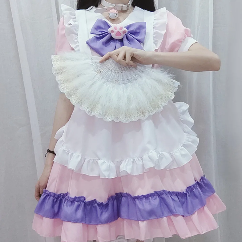 

Secondary Yuan Coffee Shop Pink Purple Maid Work Uniform Role Play Cute Lolita Dress