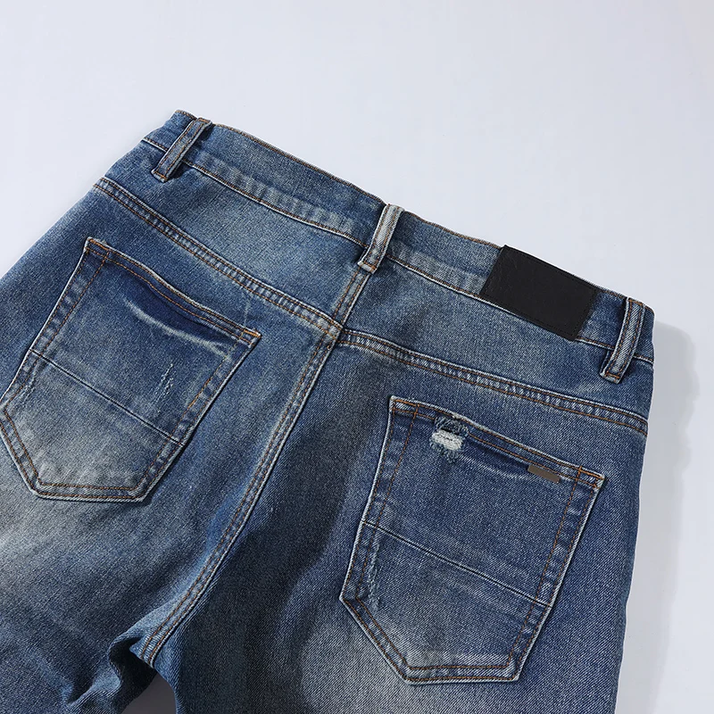 Street Fashion Men Jeans Retro Blue Stretch Skinny Ripped Jeans Button Fly Pink Beading Patched Designer Hip Hop Brand Pants Men