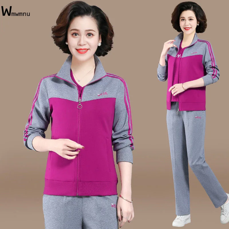 

Elegant Pink 3 Piece Set Mom Oversized Tracksuit Women Spliced Zipper Coat+Letter Printed Short Sleeve T-shirt+Jogging Pant Suit