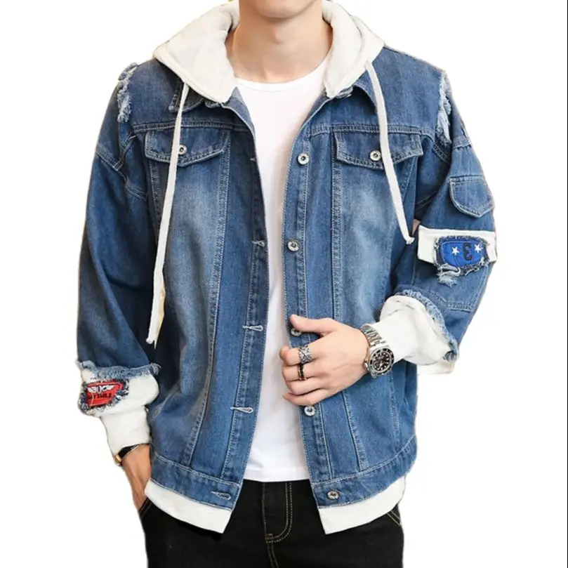 

Мужская джинсовая куртка с капюшоном, джинсовая куртка большого размера в стиле пэчворк, весна-осень 2023