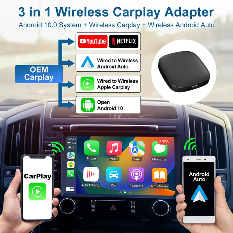 Фото TAA01 3-в-1 беспроводной автомобильный адаптер Android 10 CarPlay Android Auto WiFi 6 BT 5.4 2ГБ/16ГБ или 32ГБ Plug & Play Type-C №5