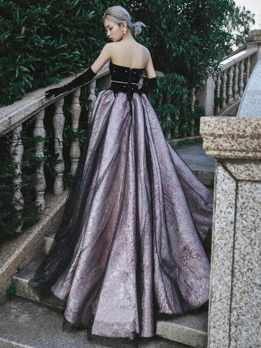 Luxury Black Celebrity Dresses Pearl Chain Gloves Women Sexy Princess A-line Strapless Prom Evening Party Gowns Vestido De Festa