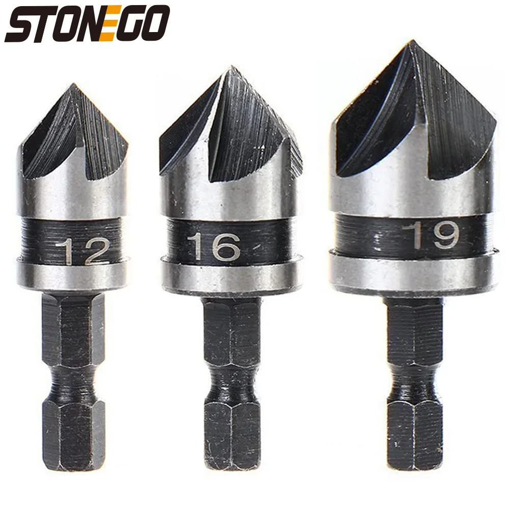 

STONEGO 3Pcs Countersink Drill Bit Set, 12mm 16mm 19mm Dia, 1/4” Hex Shank, 90 Degree, 5 Flute Chamfer Tool for Woodworking