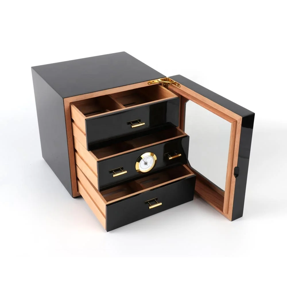 

Wholesale spanish cedar cigar box 3 layer large cigar cabinet humidor black