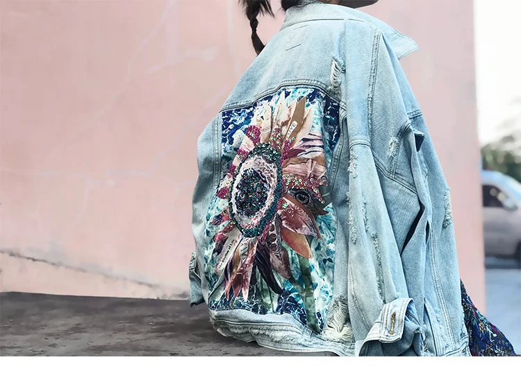 

Women Denim Jacket feminine Spring Autumn Boho Sequin Floral Appliques Embroidery Coat Long Sleeve Outerwear Female Veste femme