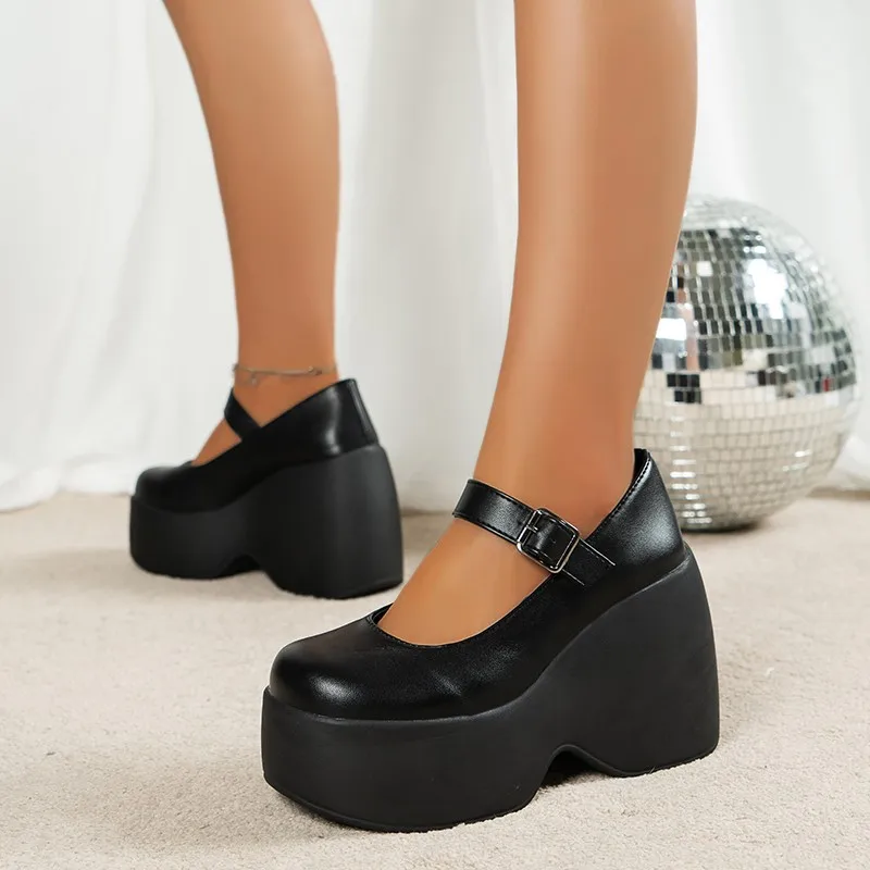 

Женские туфли на платформе и каблуке, черные туфли мэри джейн с круглым носком, на танкетке, большие размеры 36-42, осенняя модная обувь в стиле панк, 2023