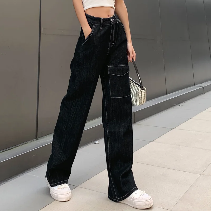 

Women Fashion Big Pocket Baggy Trousers Pantalones Cargo Jeans Female Fall Vintage High Waist Black Jeans Y2k Straight Leg Pants