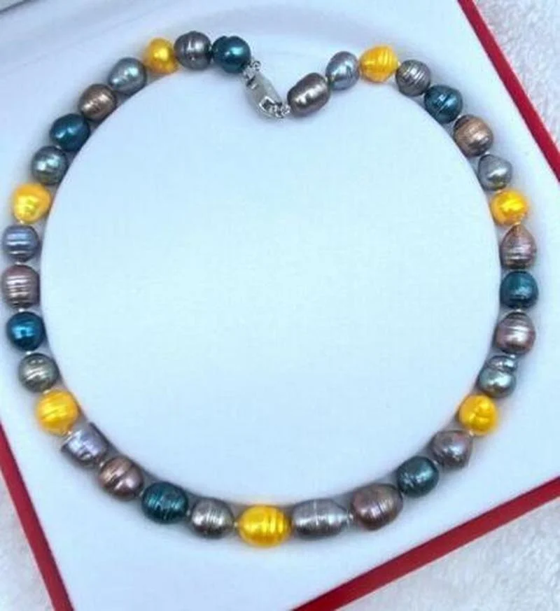 

10x12mm Natural Multicolor Rice baroque thread Cultured Pearl Necklace 16-25”