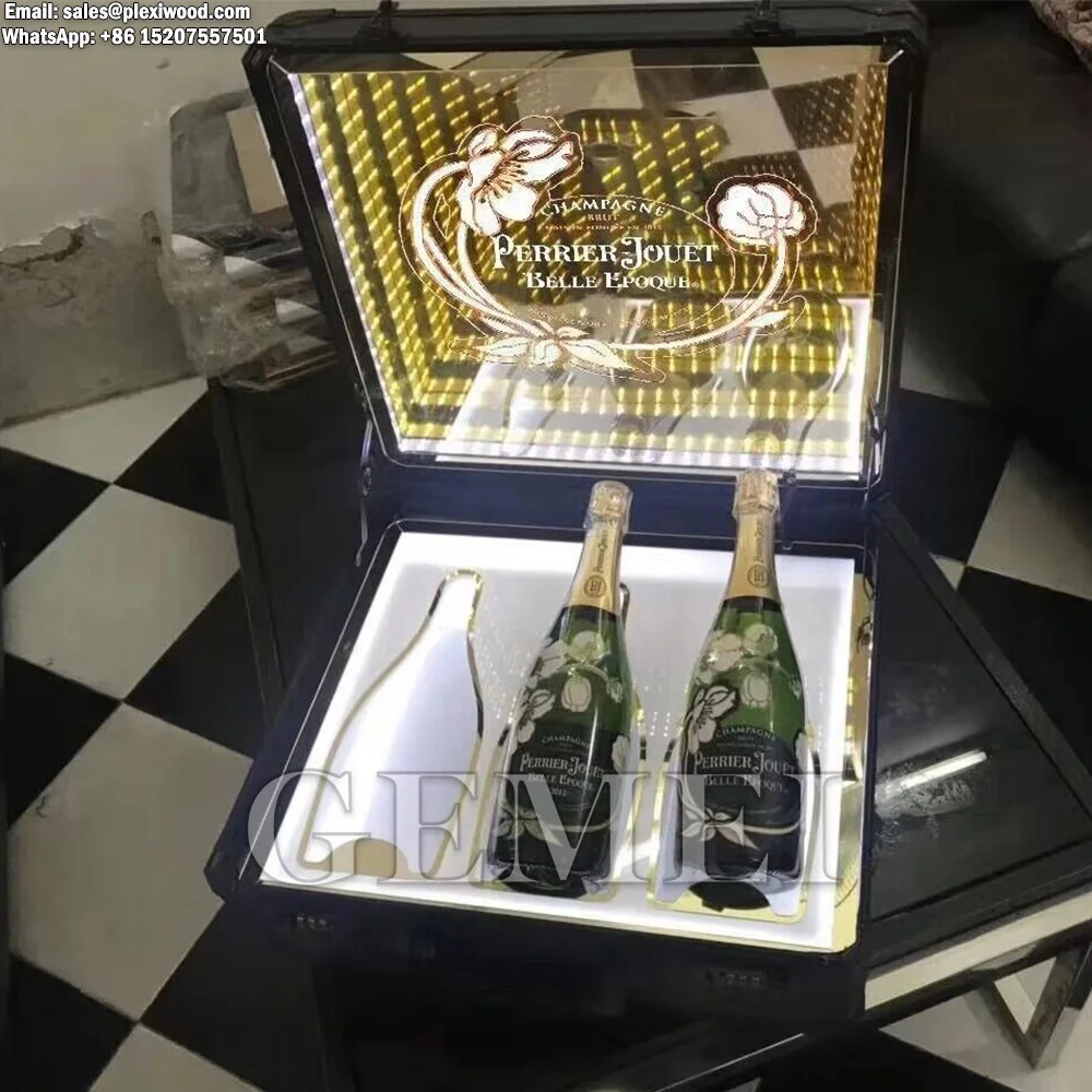 

GEMEI LED Laser Cutting Perrier Jouet Champagne Bottle Briefcase VIP Service Suitcase 3 bottles Carrier Box Glorifier Presenter