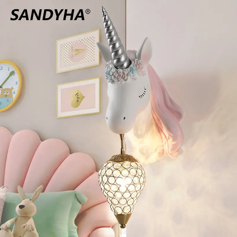Nordic Unicorn Lamp Crystal Bracket Sconce for Children Home Interior Lighting Girl Bedroom Bedside Living Room Resin Wall Lamp