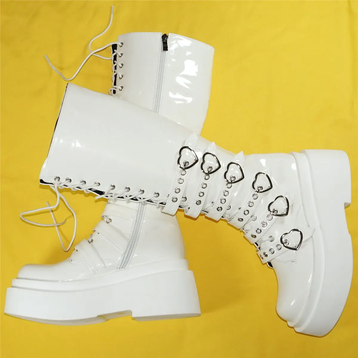 White Fashion Sneakers Women Lace Up Patent Leather High Heel Knee High Boots Female Round Toe Platform Pumps Shoes Casual Shoes