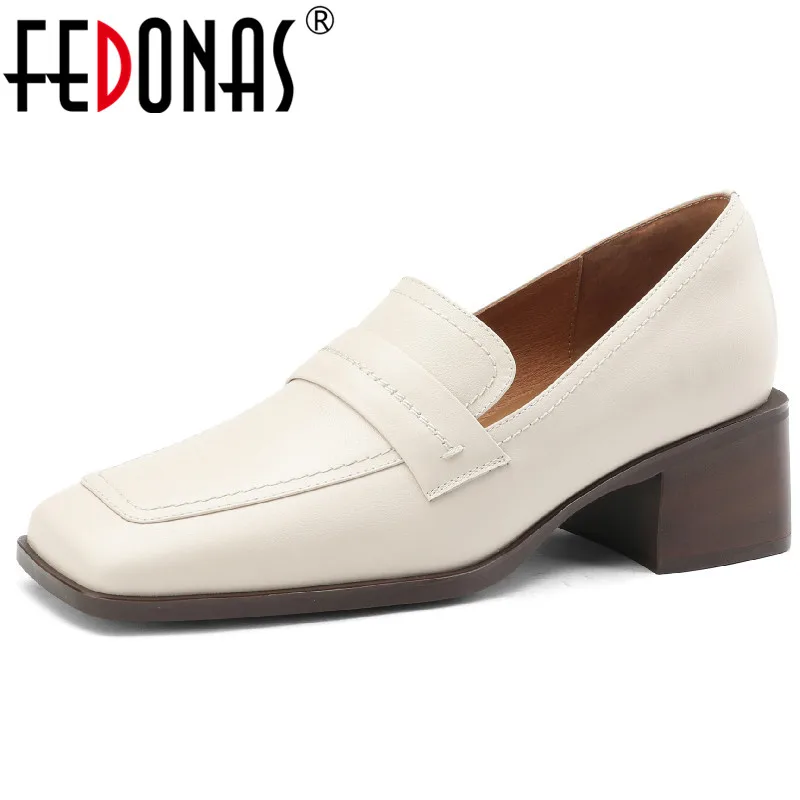 

FEDONAS Vintage Mature Women Pumps Spring Autumn Office Ladies Dress Classic Genuine Leather Square Toe Thick Heels Shoes Woman