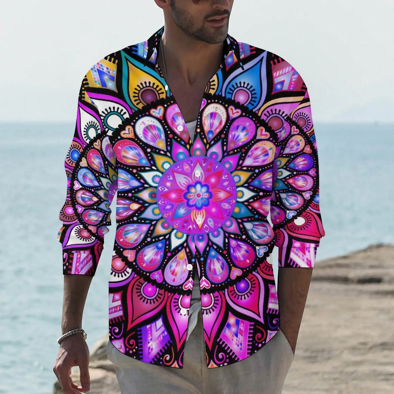 

Colorful Mandala Funny Casual Shirt Men Vintage Print Shirt Spring Cool Blouses Long Sleeve Custom Oversize Clothing