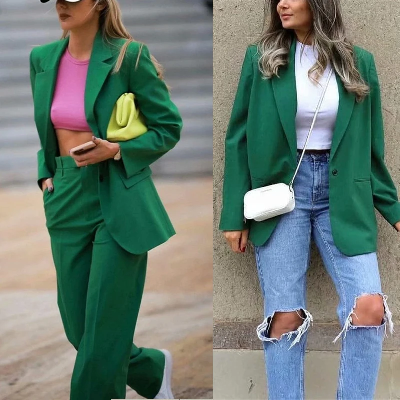 

Women's 2 Sets Retro Green Loose Blazer 2022 Spring Elegant Ladies Streetwear Solid Color Matching Suit
