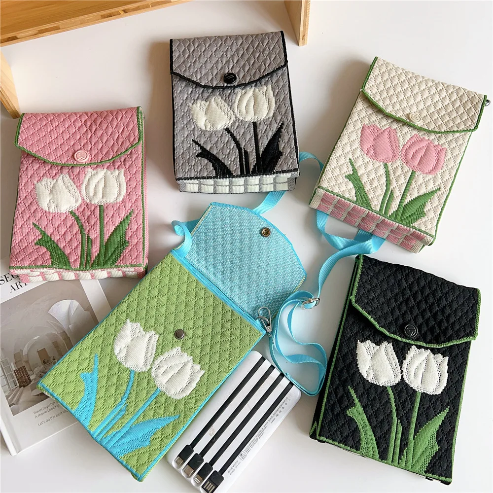 

Women'S Small Shoulder Bag Cute Tulip Flower Knitted Messenger Bag Mini Square Daily Mobile Phone Pouch Girls Coin Purse Handbag