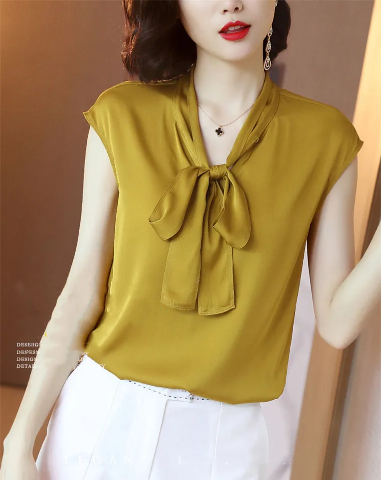 

Korean fashion Versatile Basic Short Sleeve Ice Silk Top shirt Summer Ladies Elegant V-neck lace up Acetate Satin blouse