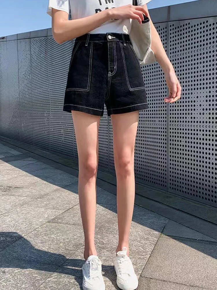 New Spring Summer Women High Waist Loose Black Denim Shorts Streetwear Female Wide Leg Retro Jeans Shorts Bottoms