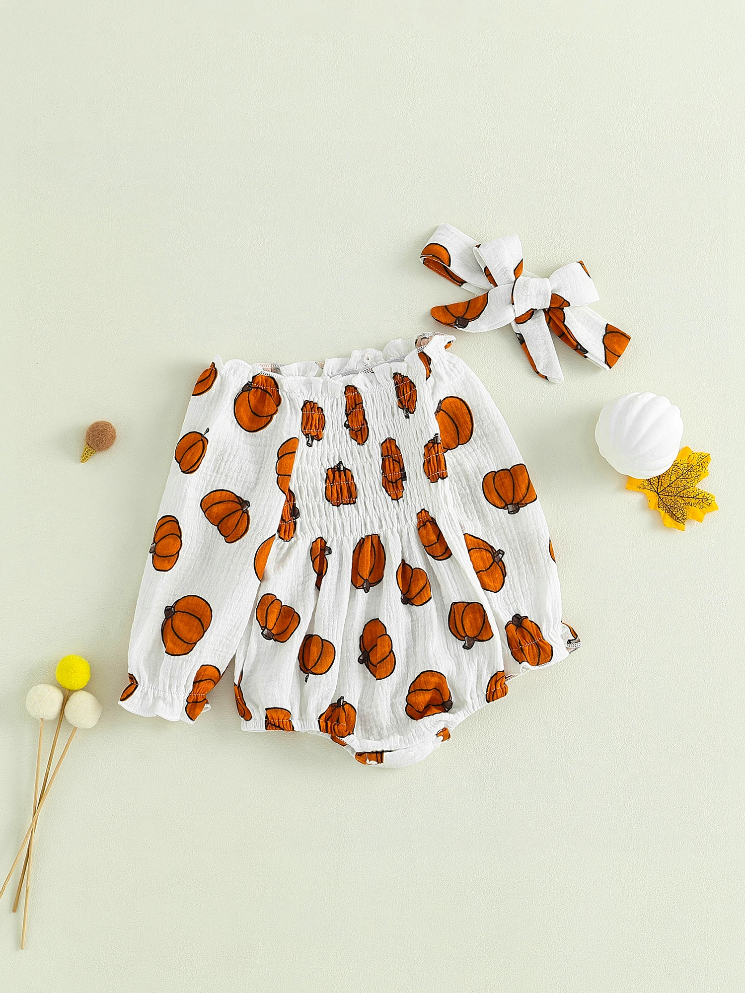 

Toddler Girl Floral Print Ruffle Sleeve Romper Matching Bow Headband for Spring