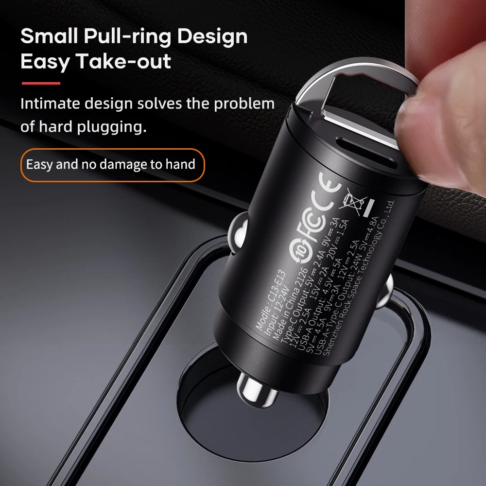 ROCK 30W USB Type C Car Charger For iPhone 14 Pro Max QC3.0 PD3.0 Mini Metal Dual USB Fast Charging Adapter For Xiaomi Samsung