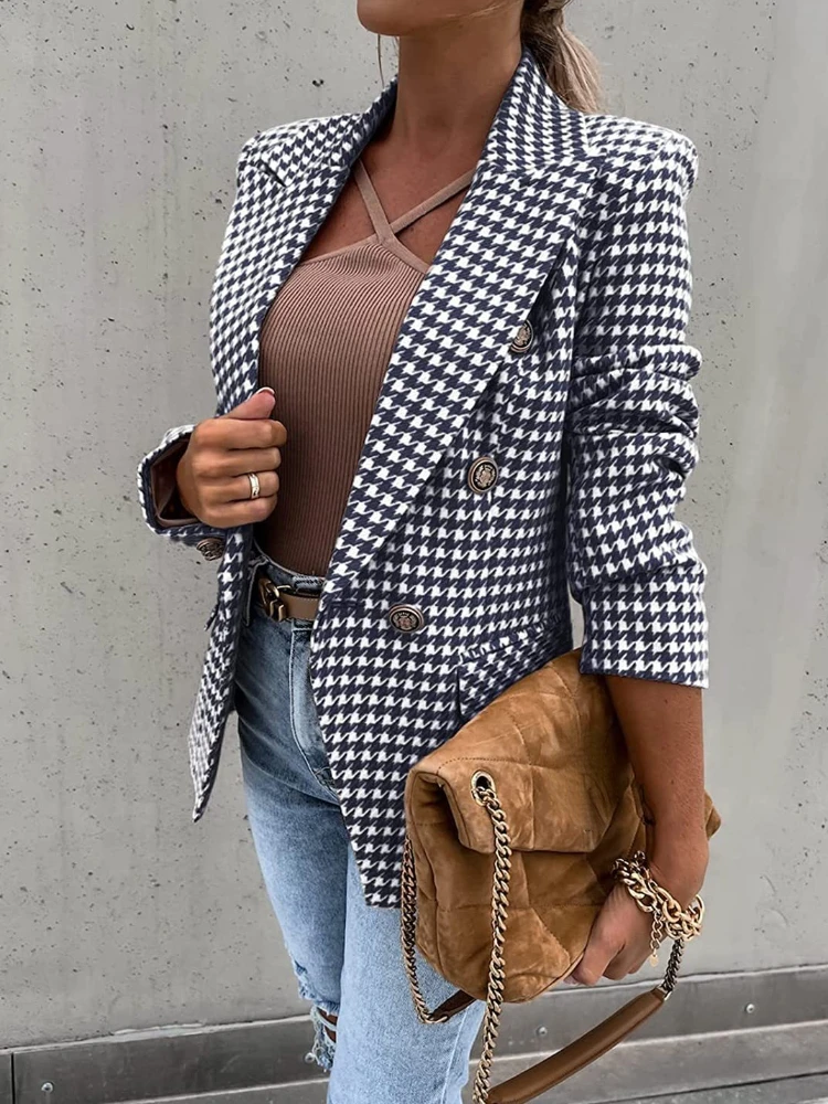 

New Houndstooth Printed Casual Coat Slim Suit Blazer Women Office Lady Suit Blazer Women Blazers Jacket Women Plaid Blazer