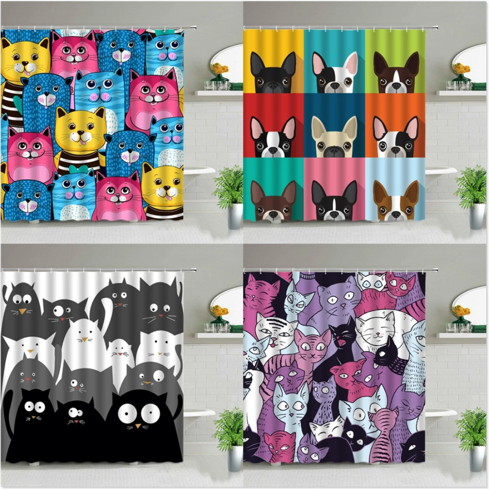 

Cartoons Cat Dog Shower Curtain Cute Animal Pattern Kids Bathroom Decor Waterproof Home Bath Cloth Hanging Curtain Cortina Ducha