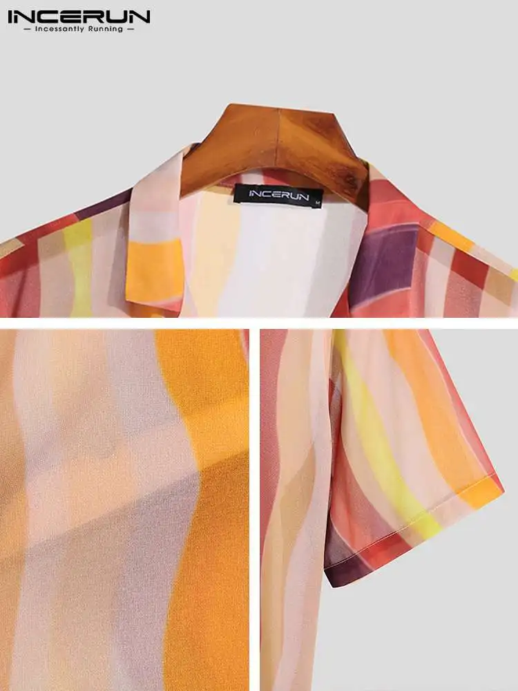 Fashion Casual Style New Men Tops INCERUN Striped All-match Blouse Male Comfortable Lapel Color Strip Short-sleeved Shirts S-5XL